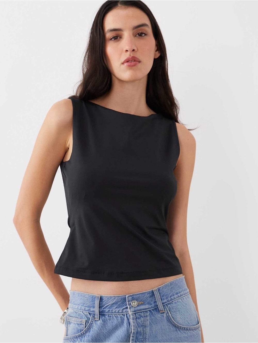 ASOS DESIGN Polyamide Slinky Boat Neck Tank Top in Black Size Medium